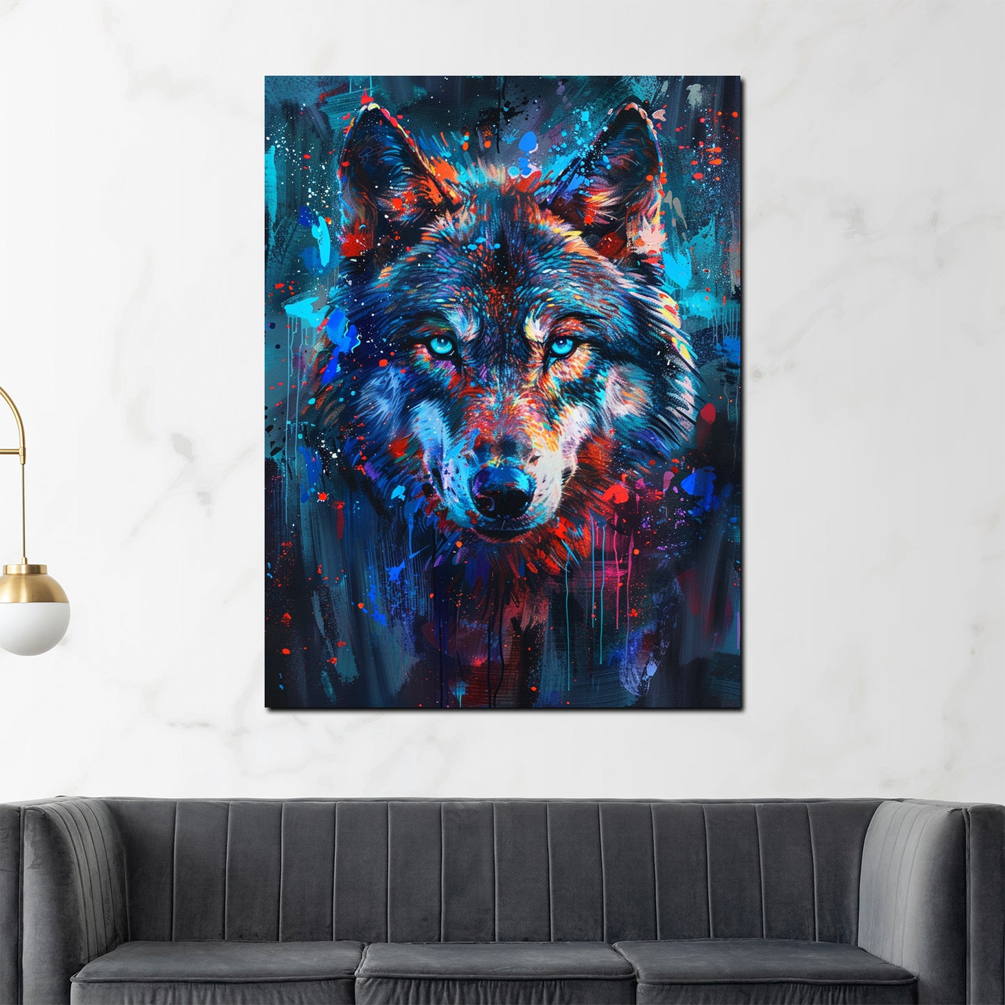 Leuchtender Wolf intensiver Blick Farbexplosion Wandbild
