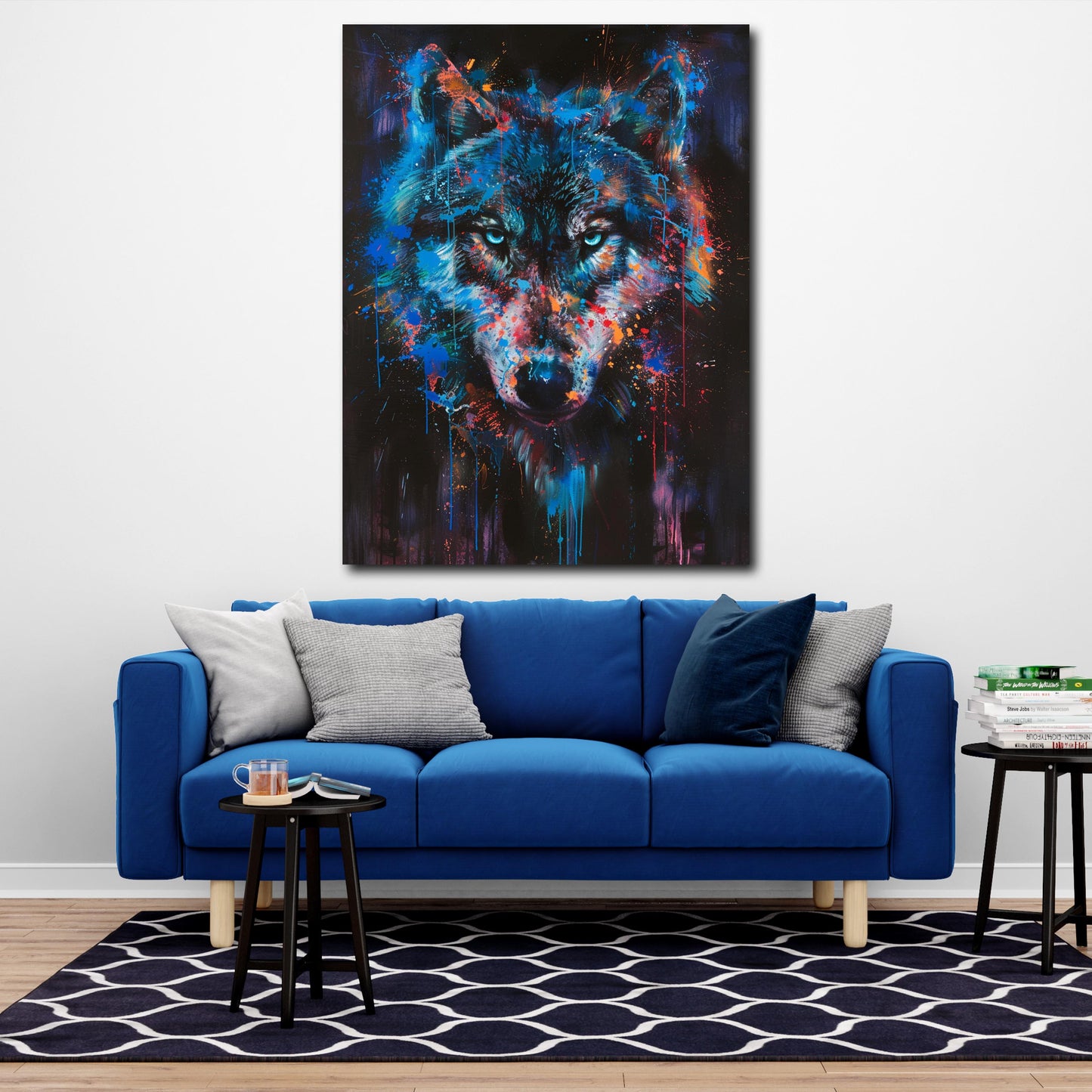 Leuchtender Wolf intensiver Blick Farbexplosion Wandbild