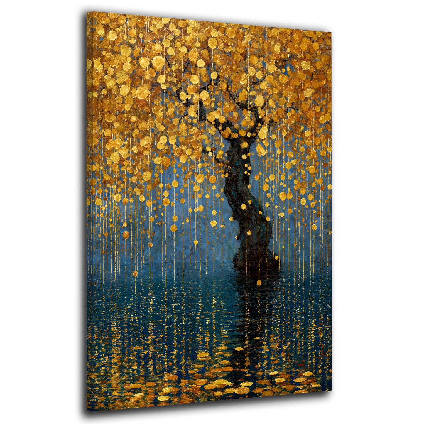 Magischer Baum aus Goldblättern leuchtend am See Wandbild