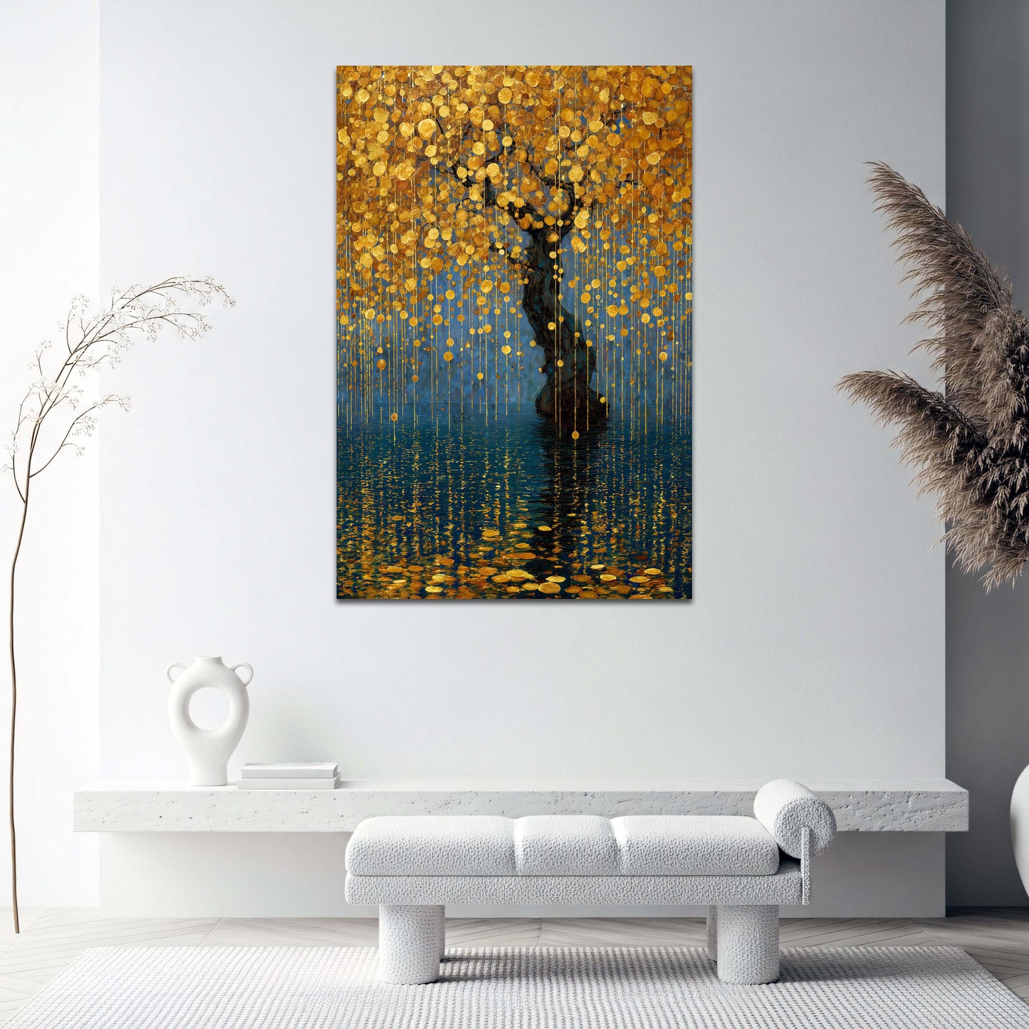 Magischer Baum aus Goldblättern leuchtend am See Wandbild