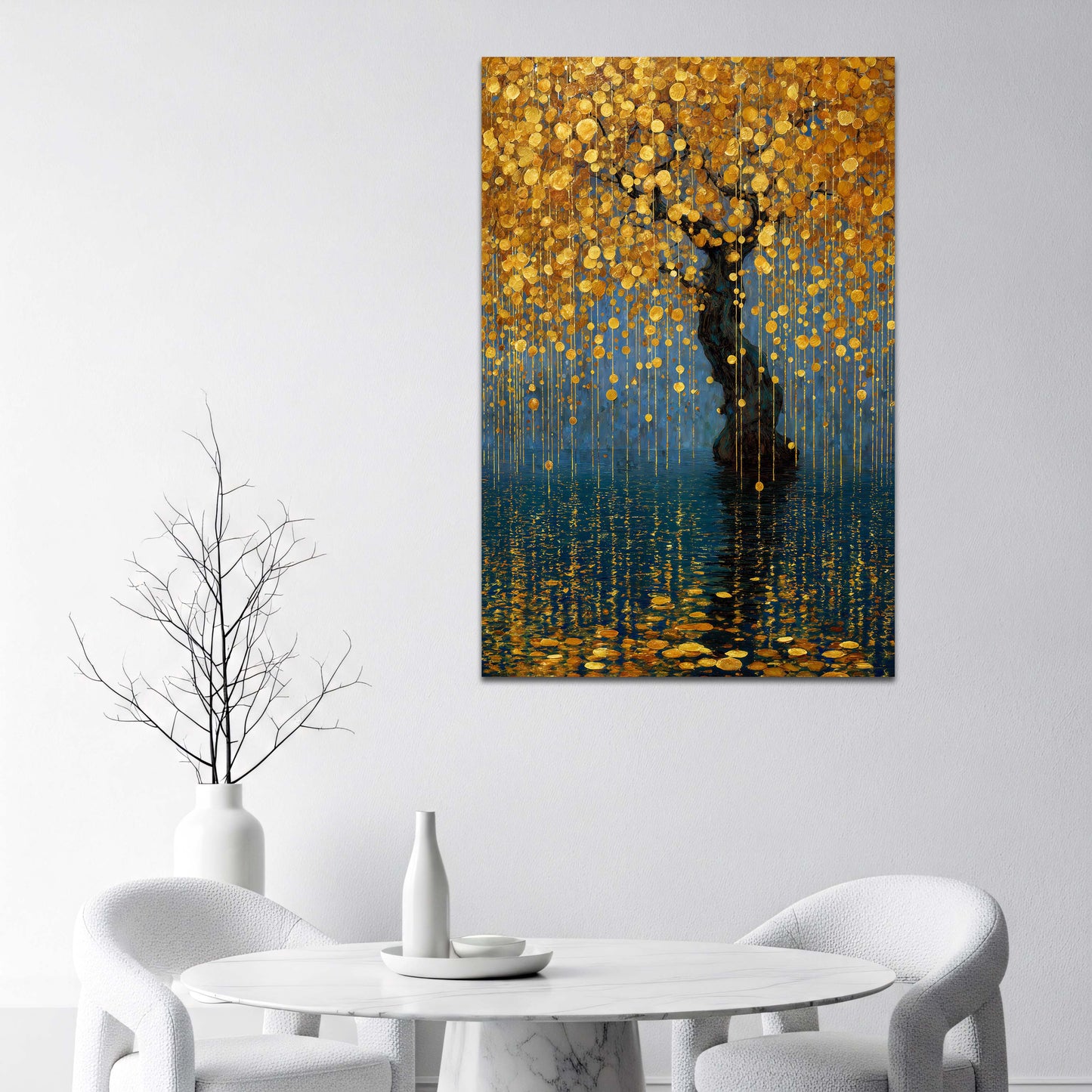 Magischer Baum aus Goldblättern leuchtend am See Wandbild