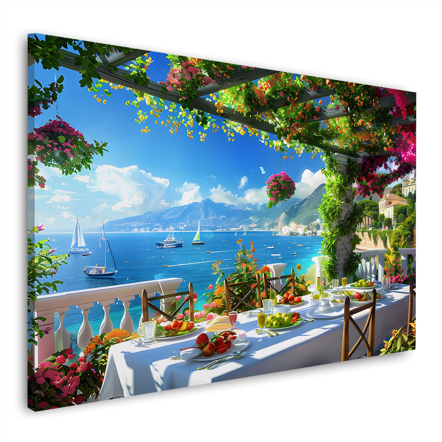 Italien Toscana mediterrane Landschaft Blumen und Segelboote Wandbild