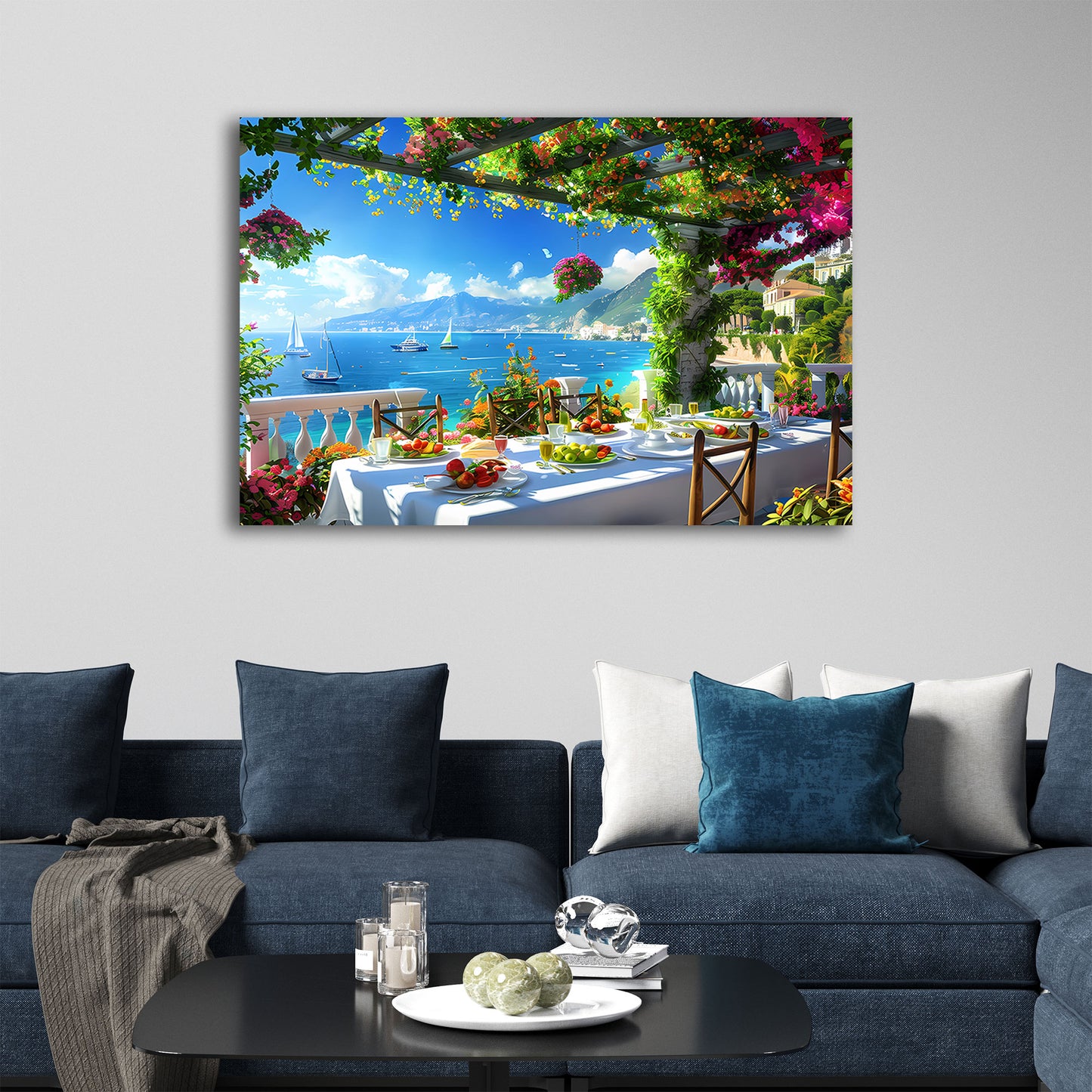 Italien Toscana mediterrane Landschaft Blumen und Segelboote Wandbild