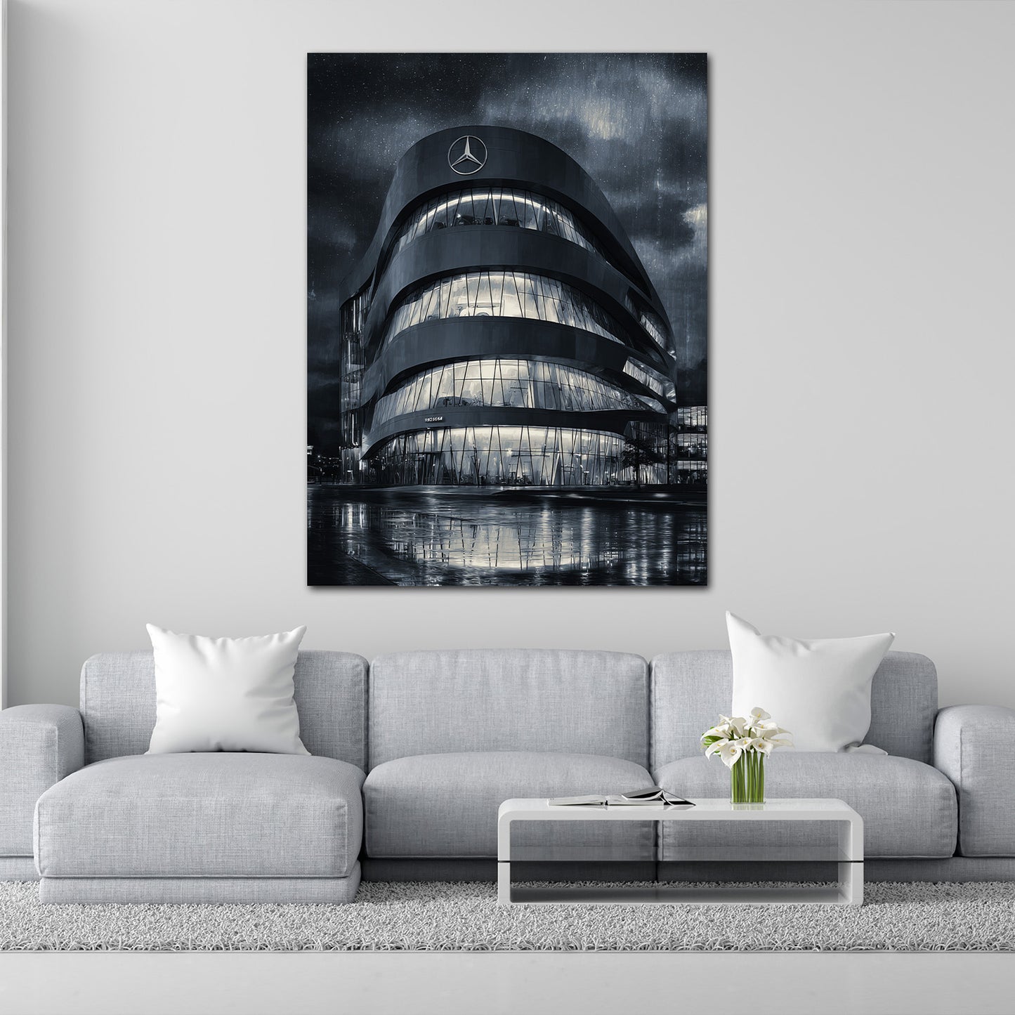 Mercedes Bau Stuttgart Nachtaufnahme Regen schwarz weiß Wandbild