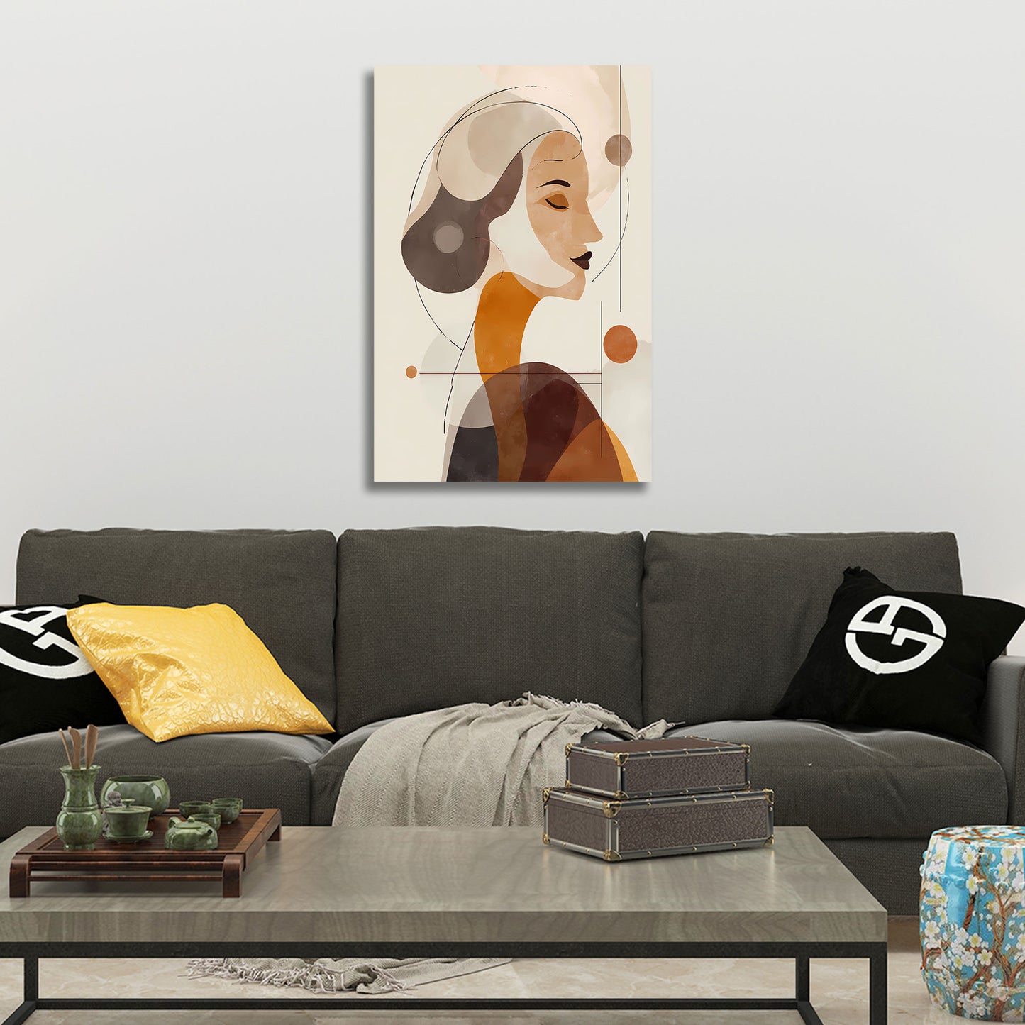 Minimalistische Profilansicht Frau in warmen Farben Wandbild