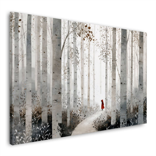 Mystischer Birkenwald Pfad und Figur mit rotem Mantel Wandbild