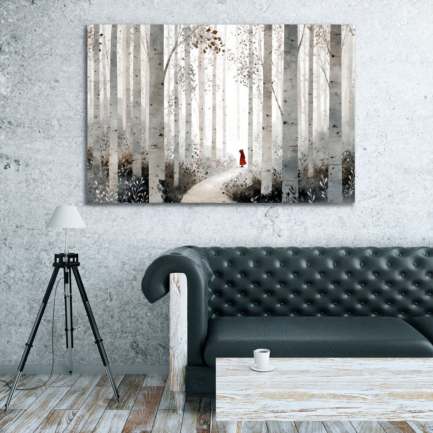Mystischer Birkenwald Pfad und Figur mit rotem Mantel Wandbild