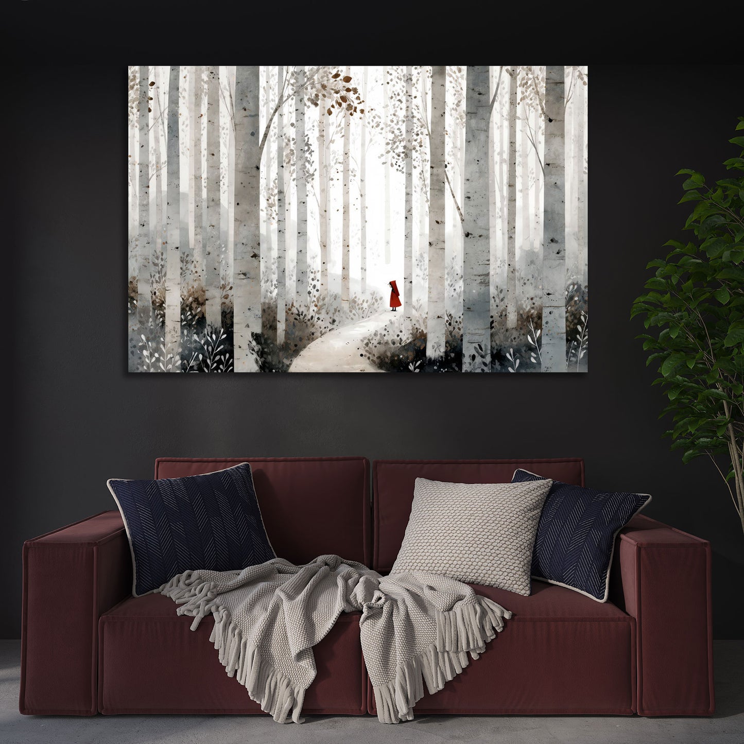 Mystischer Birkenwald Pfad und Figur mit rotem Mantel Wandbild