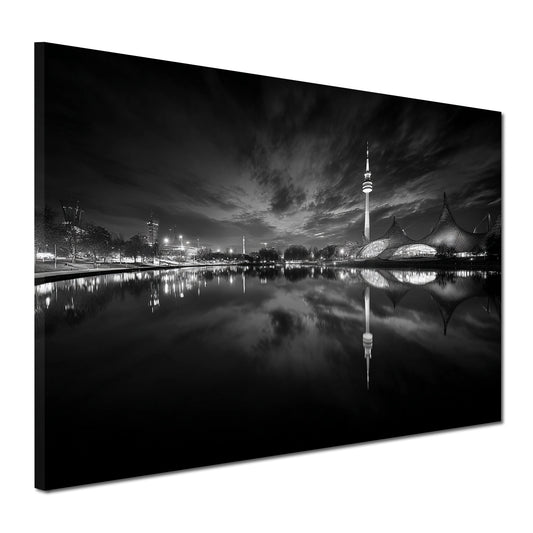 Olympiaturm München Panorama Spiegelung schwarz weiß Wandbild