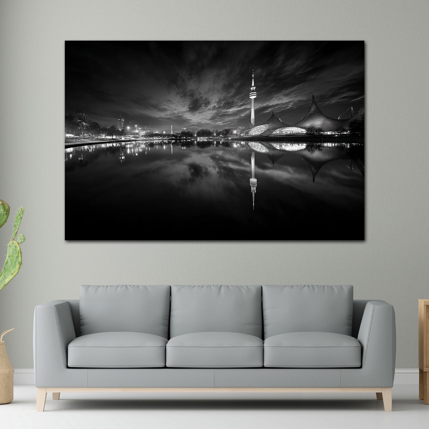 Olympiaturm München Panorama Spiegelung schwarz weiß Wandbild