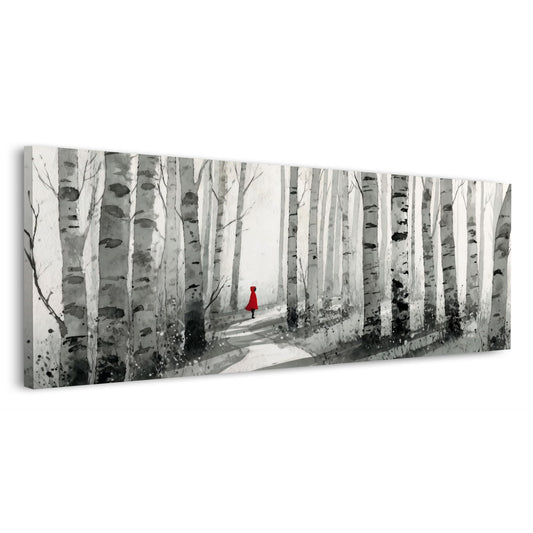Panorama Birkenwald mit Weg kleine Figur im roten Mantel Wandbild
