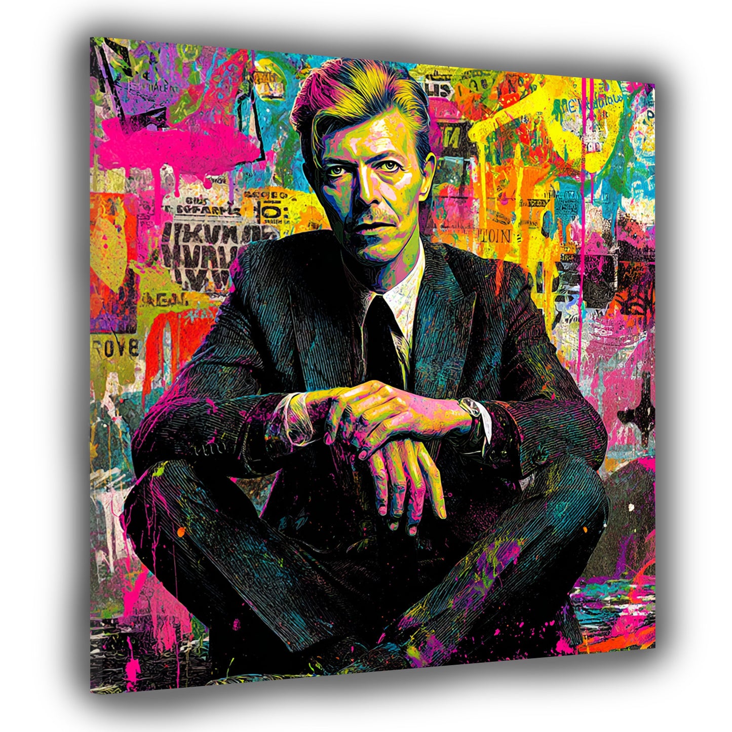 Pop Art Bowie Porträt sitzend vor Farbcollage Wandbild