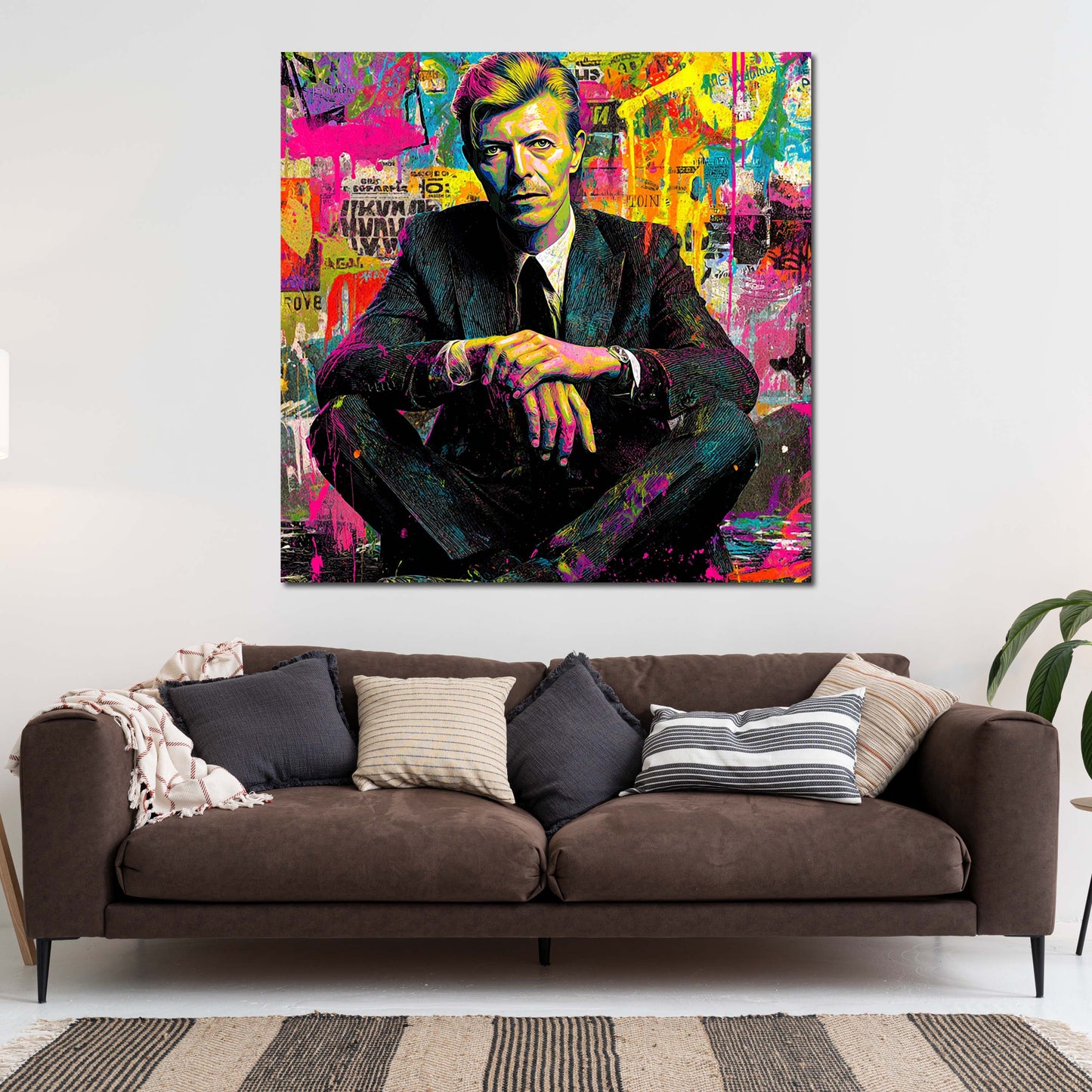 Pop Art Bowie Porträt sitzend vor Farbcollage Wandbild