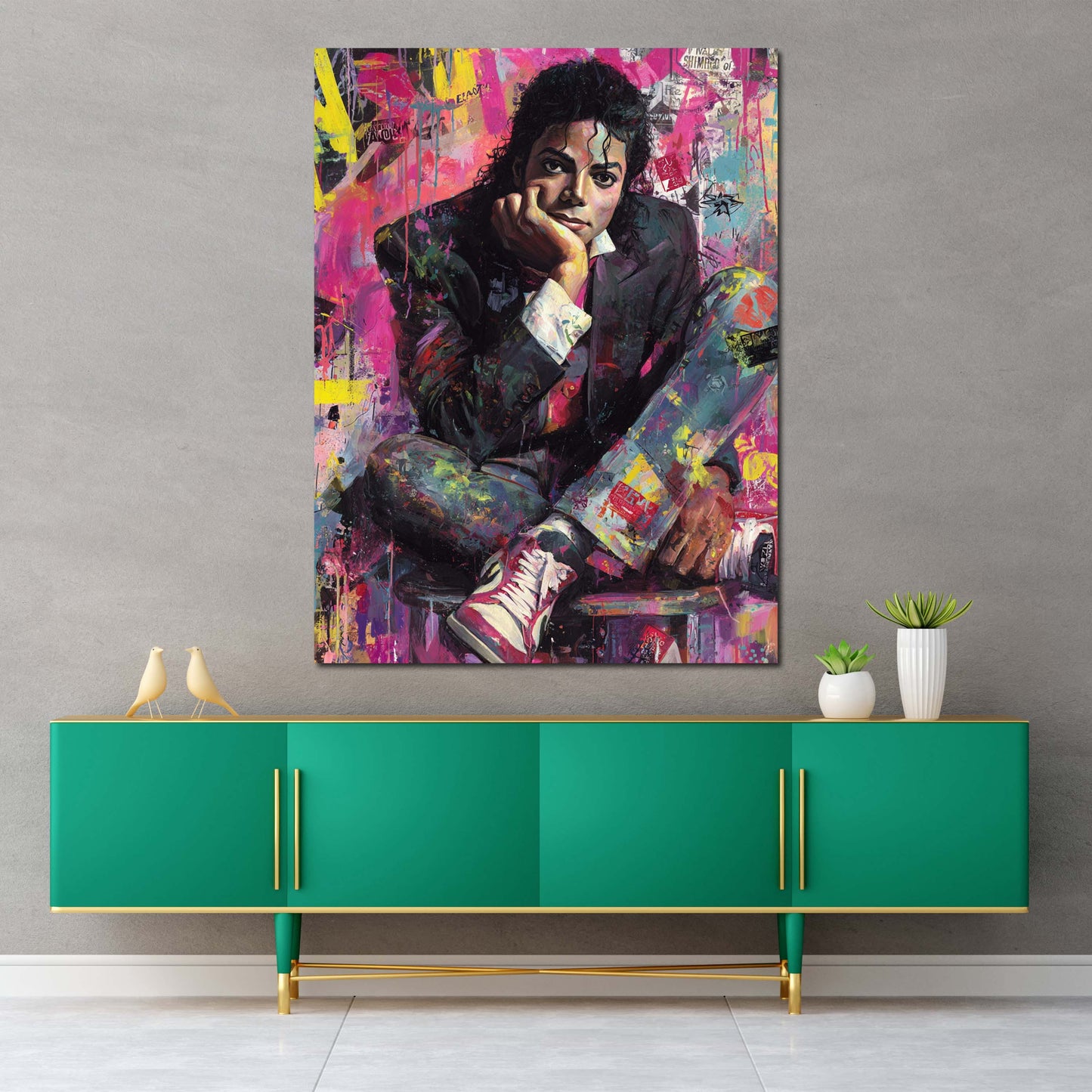 Pop Art Jackson Porträt im Anzug mit Sneakern Wandbild