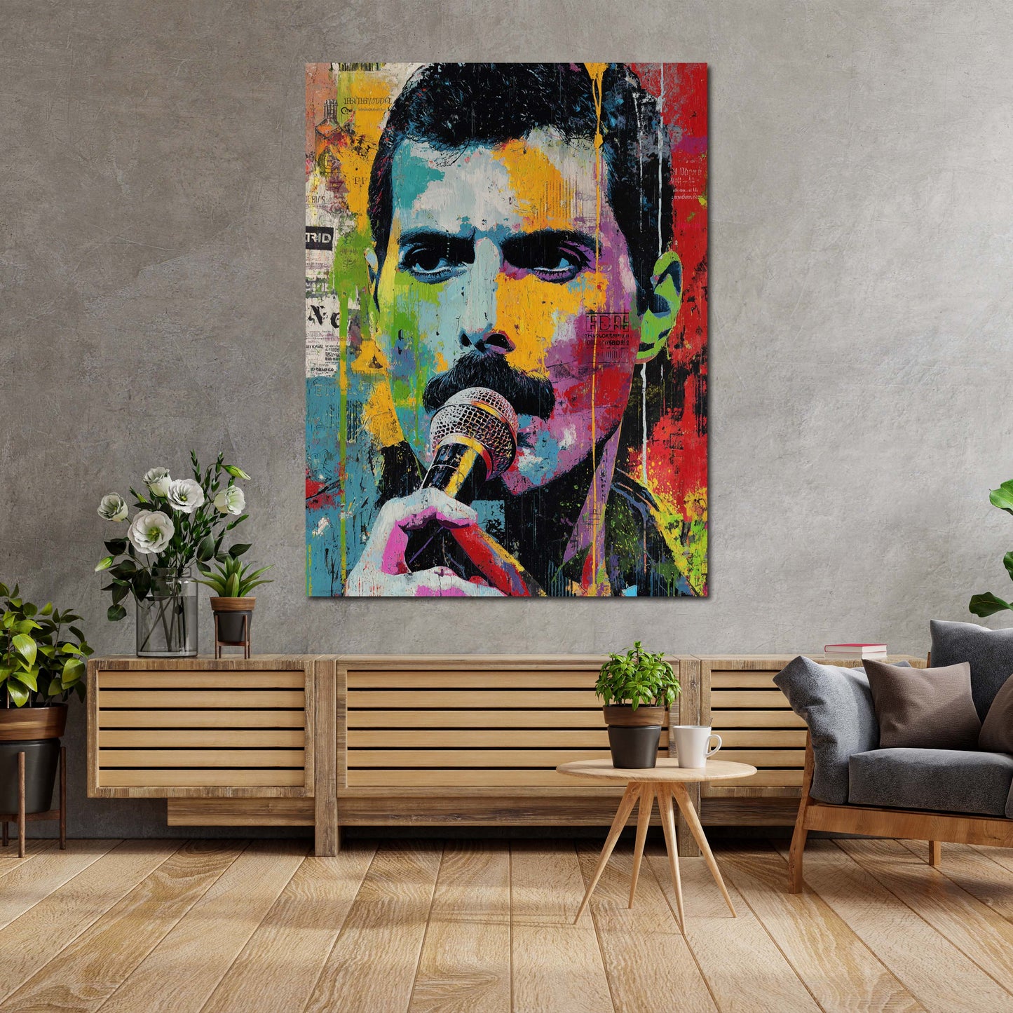 Pop Art Mercury Porträt mit Mikrofon und Farbverlauf Wandbild