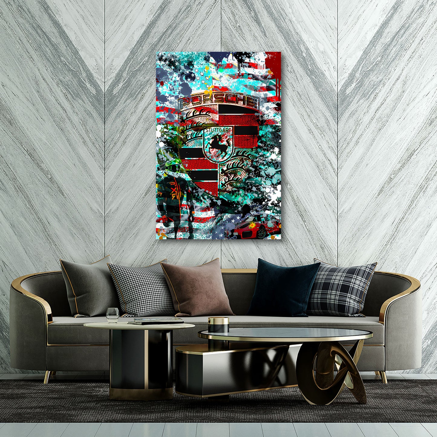 Porsche Emblem Rennfahrer Farbexplosion Wandbild