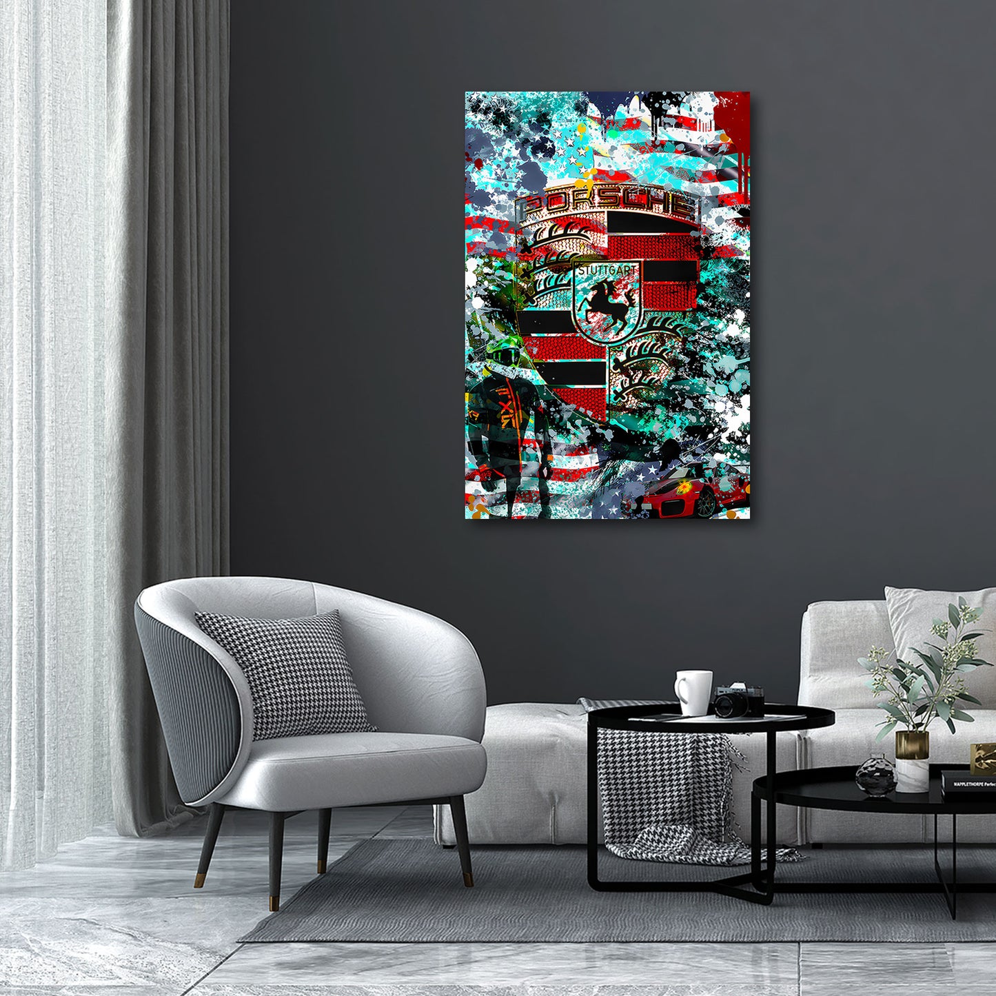 Porsche Emblem Rennfahrer Farbexplosion Wandbild