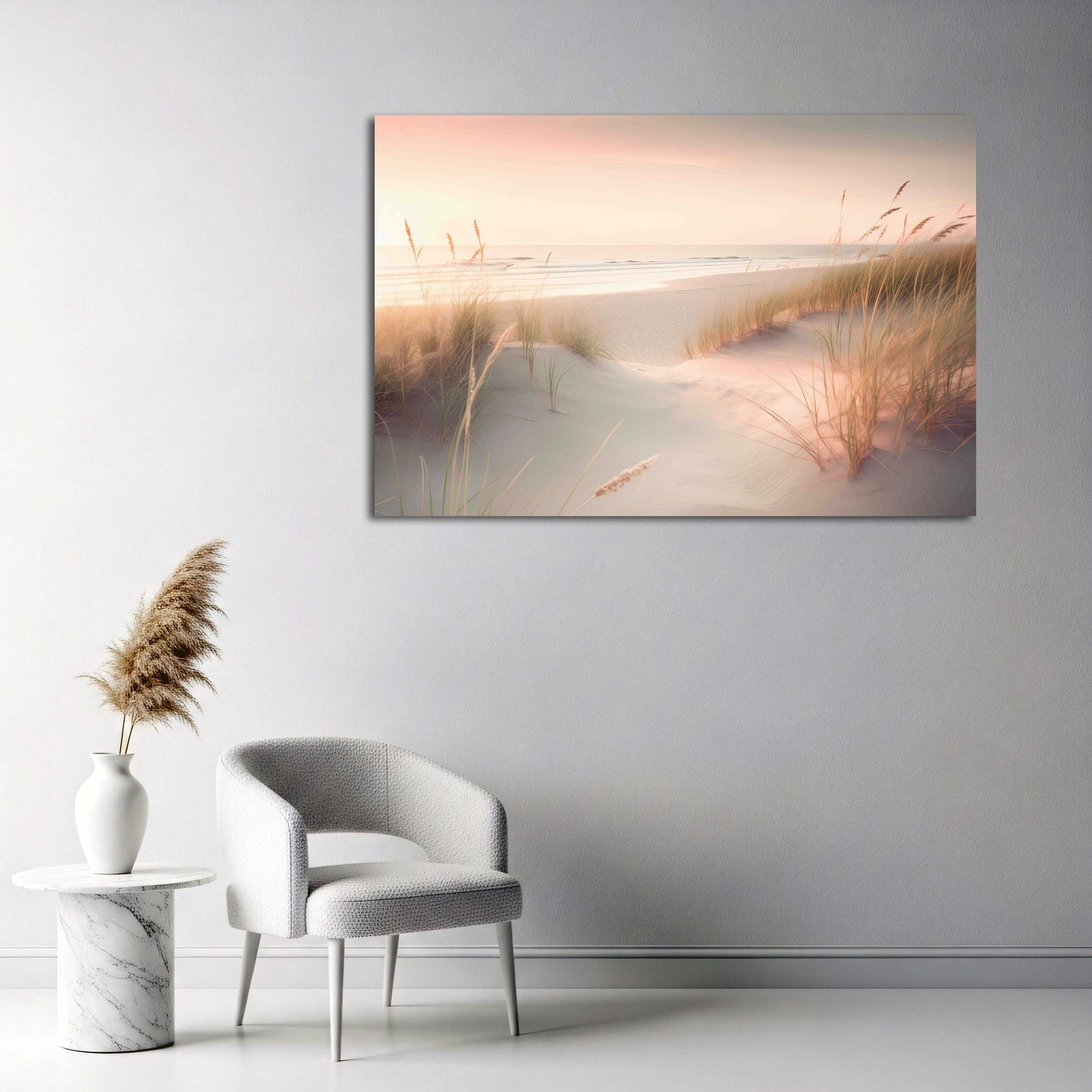 Sanfte Küstenlandschaft mit Gräsern im Abendlicht Wandbild