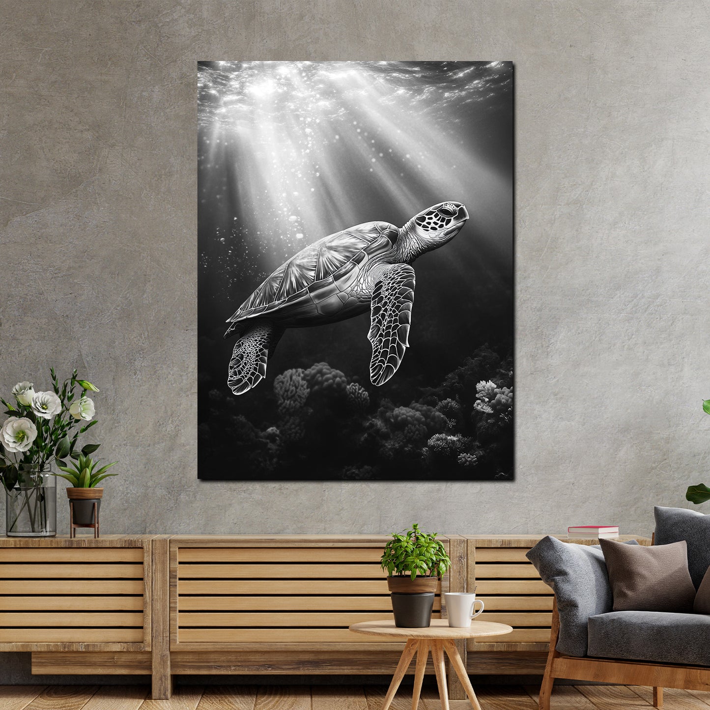 Schildkröte Unterwasser Lichtspiel schwarz weiß Wandbild