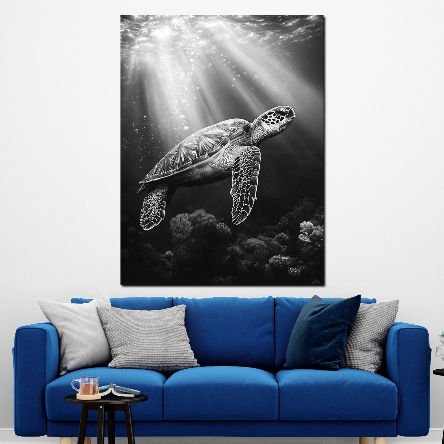 Schildkröte Unterwasser Lichtspiel schwarz weiß Wandbild