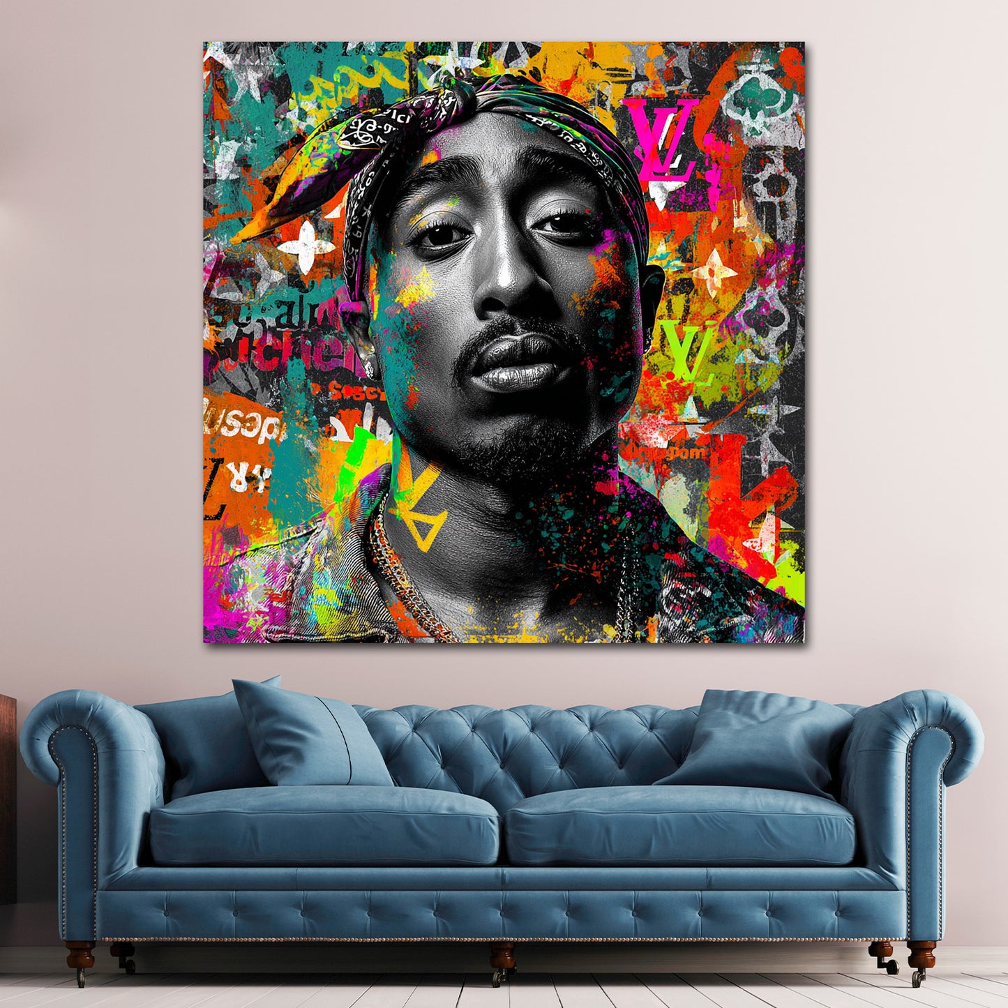 Schwarz weiß Tupac Gesicht mit Farbspritzern Wandbild