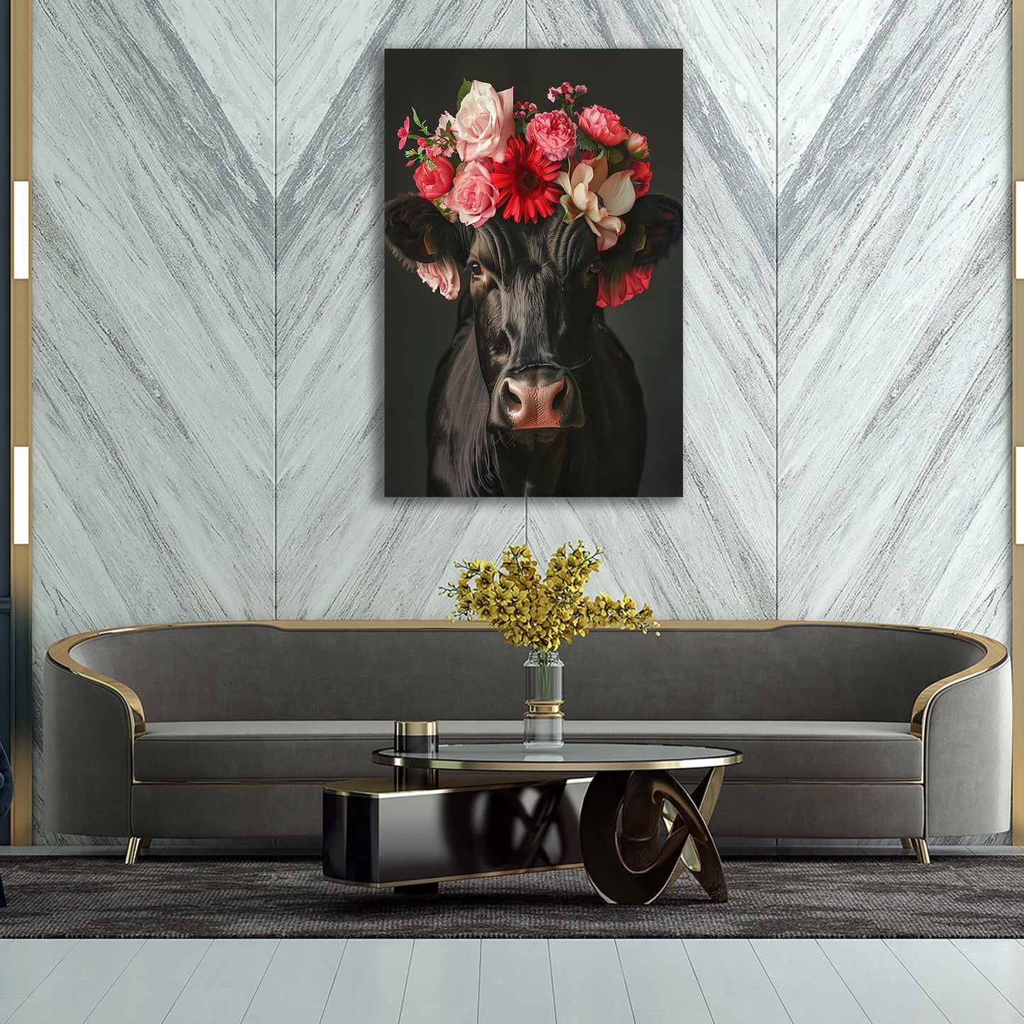 Schwarze Kuh mit roter Blumenkrone Wandbild