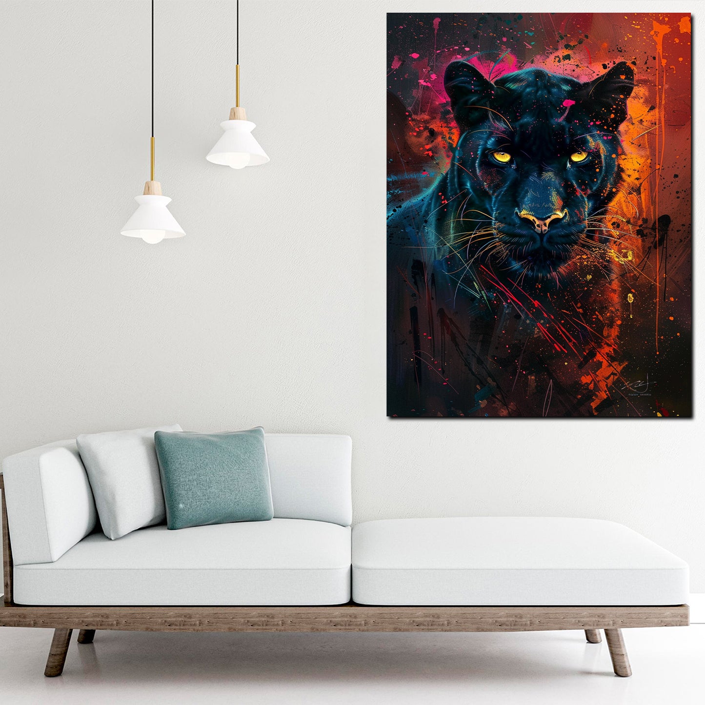 Schwarzer Panther leuchtende Augen Farbexplosion Wandbild