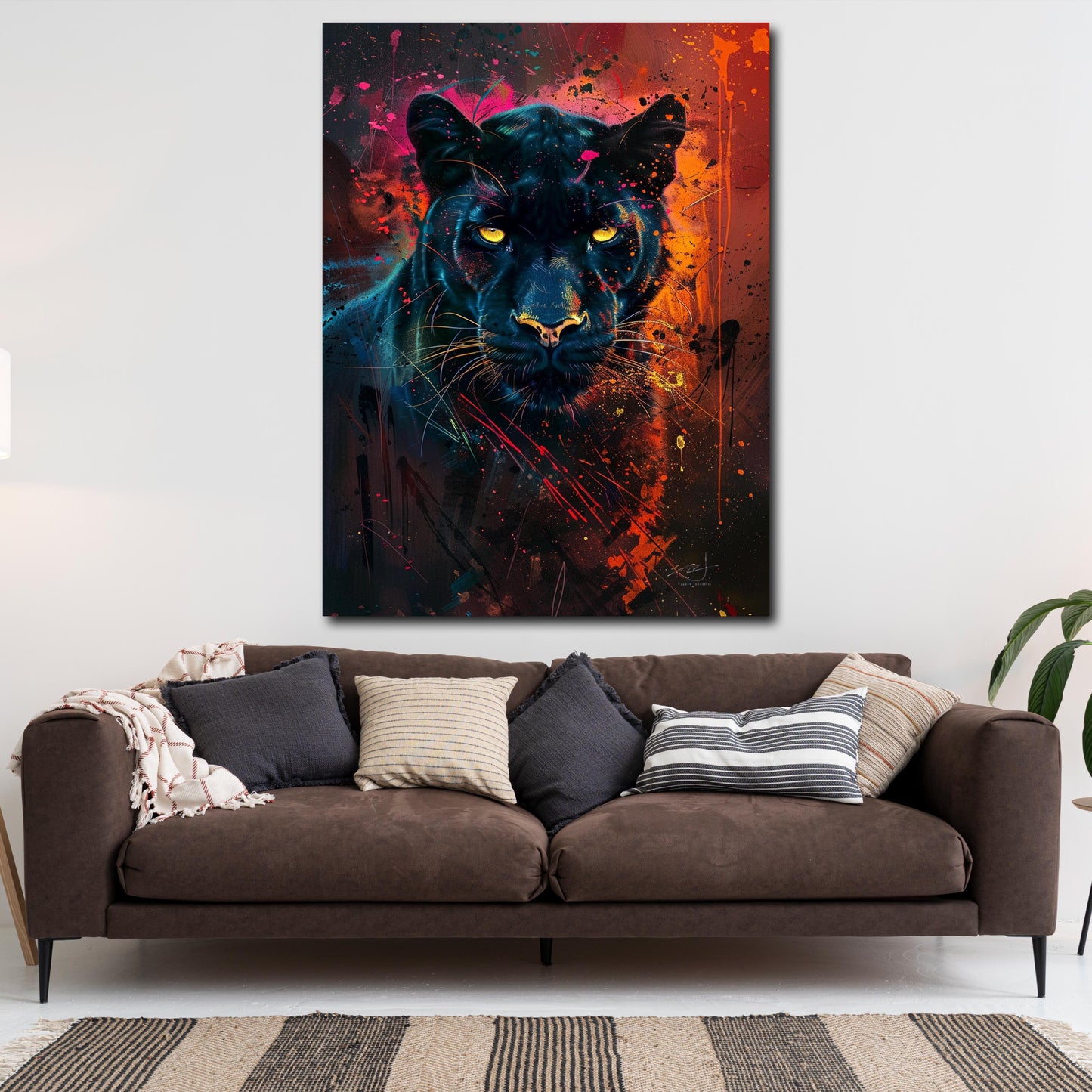 Schwarzer Panther leuchtende Augen Farbexplosion Wandbild
