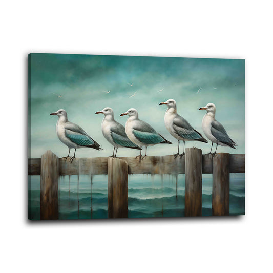 Seevögel auf Holz am Ozean in ruhiger Meeresstimmung Wandbild