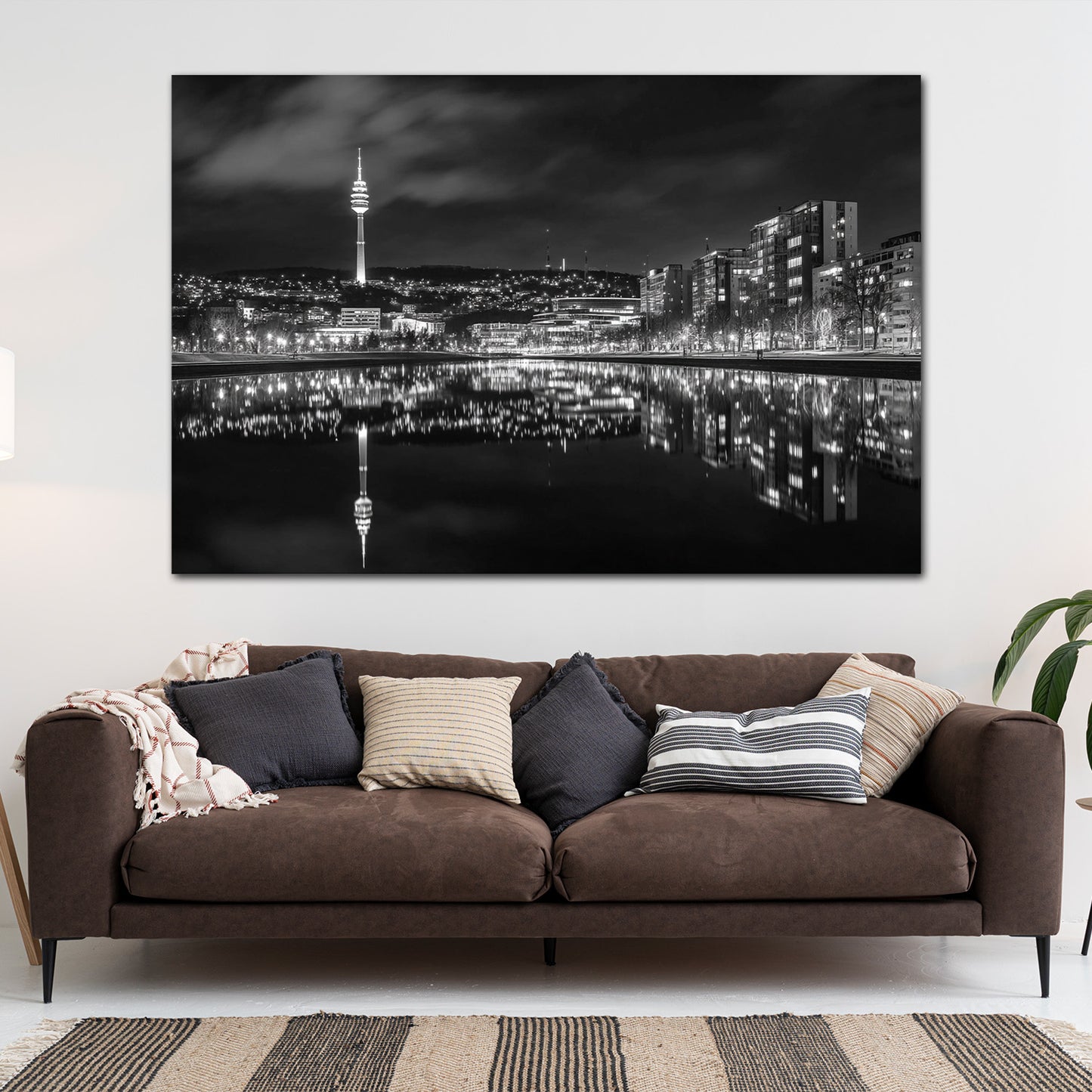 Stadtansicht Fernsehturm Stuttgart Lichterspiel schwarz weiß Wandbild