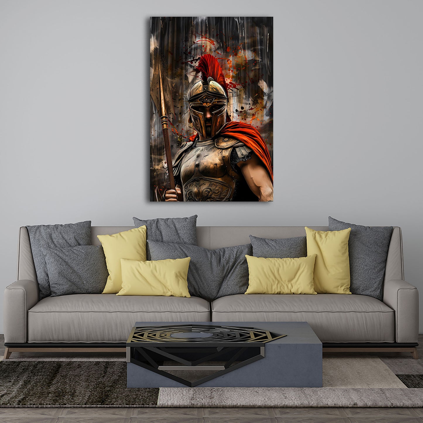 Starker Held mit Helm roter Umhang Fantasy Wandbild