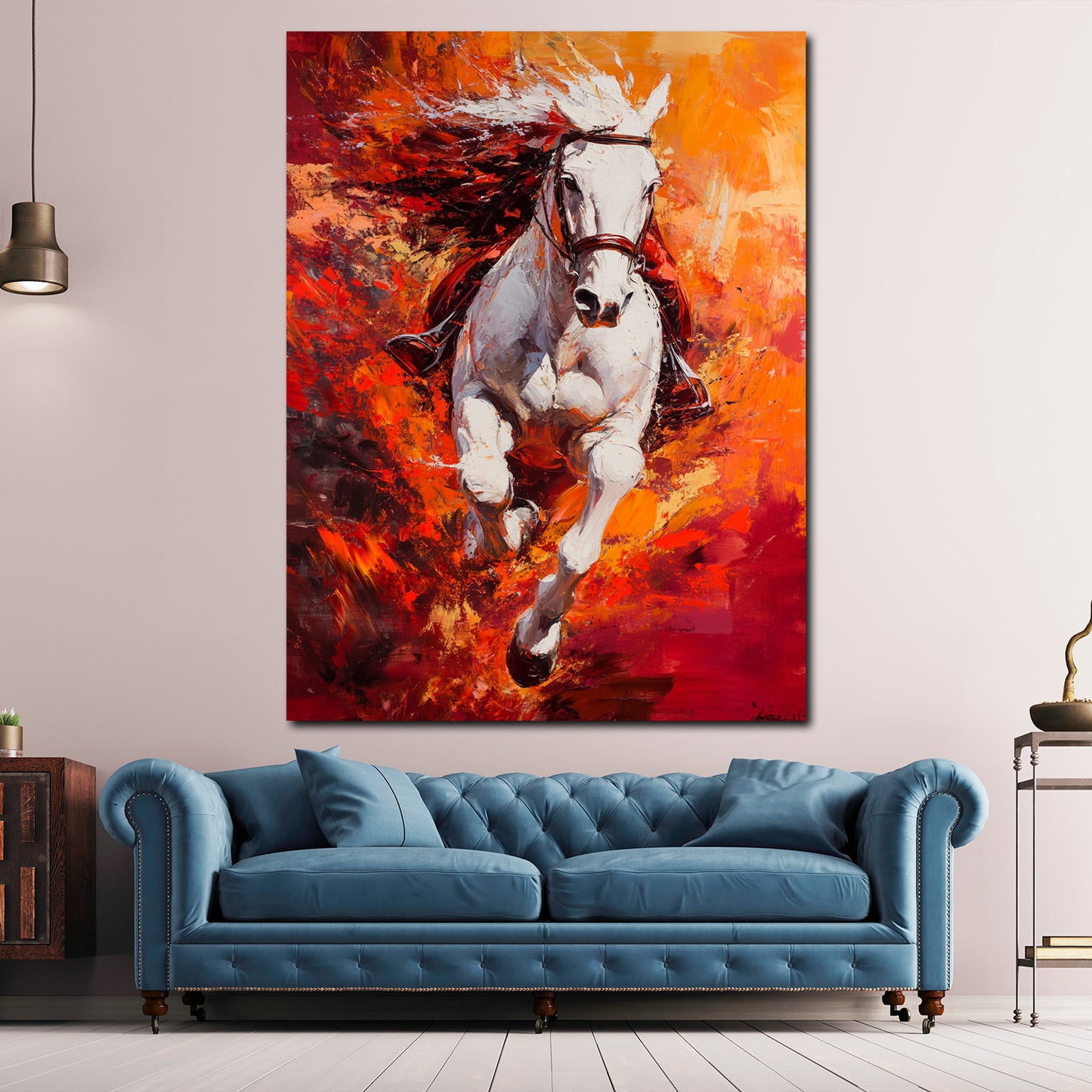 Weißes Pferd Energie Explosion Rot Orange Wandbild