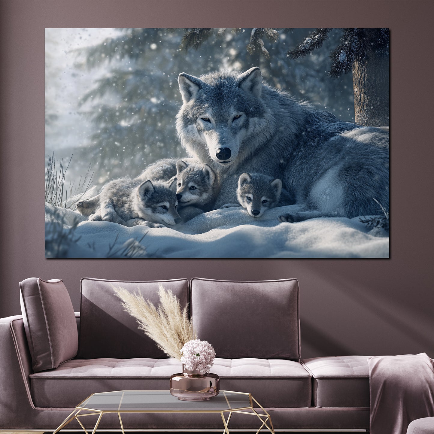 Wolf mit Jungtieren im verschneiten Wald Wandbild