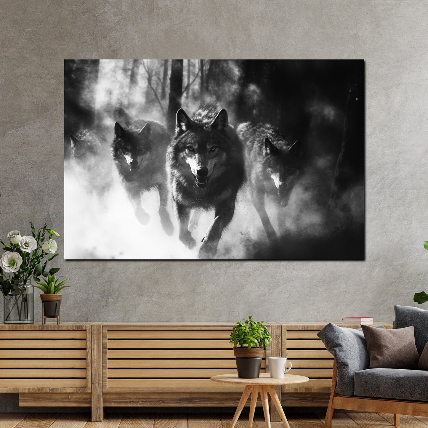 Wolfsrudel im Lauf düsterer Wald schwarz weiß Wandbild