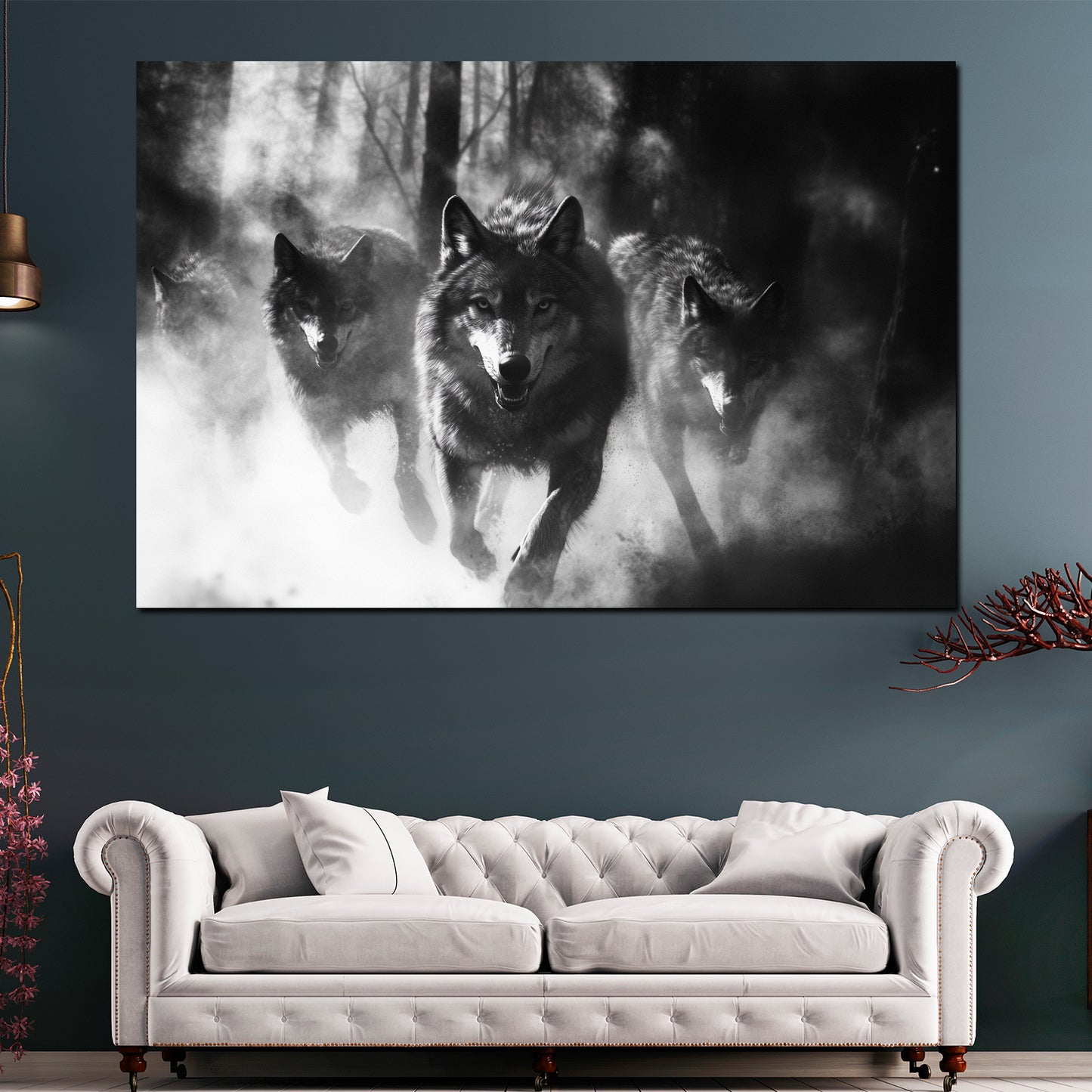 Wolfsrudel im Lauf düsterer Wald schwarz weiß Wandbild