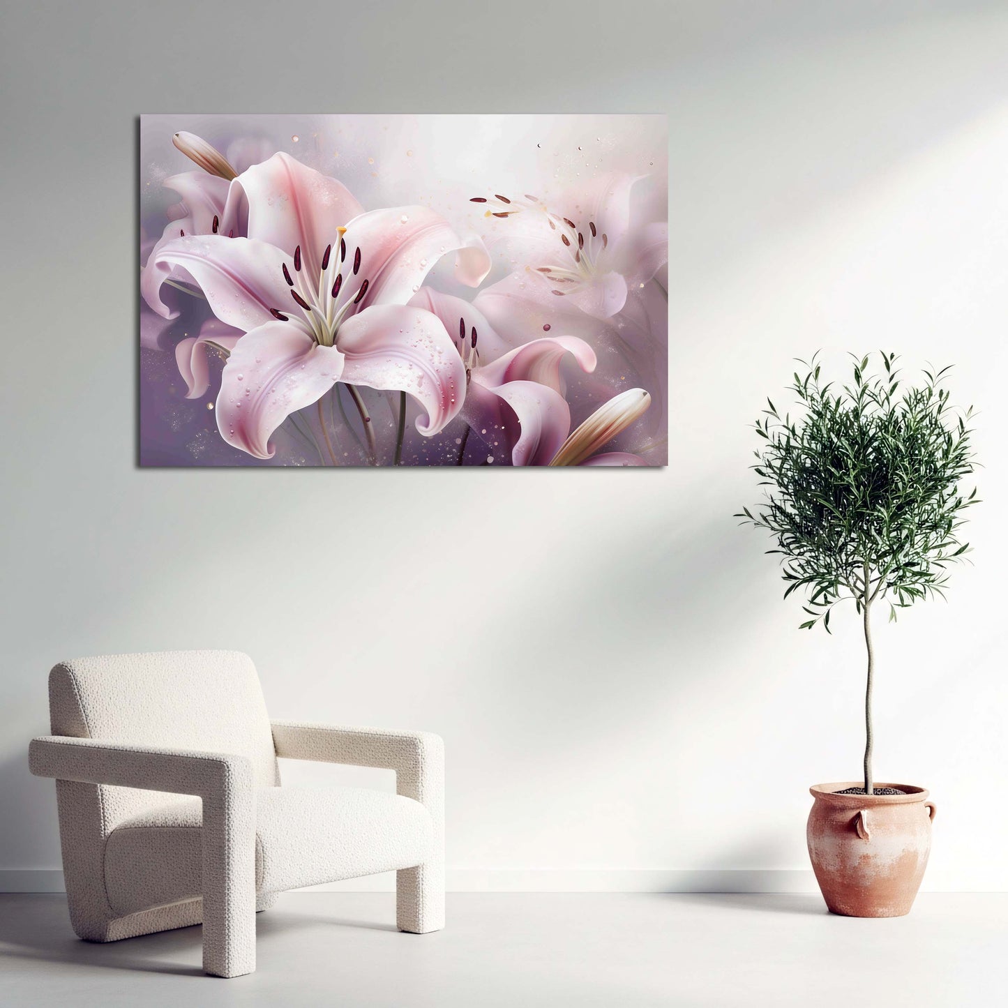 Zarte Lilie in Pastell Elegante Blume mit Wassertropfen Wandbild