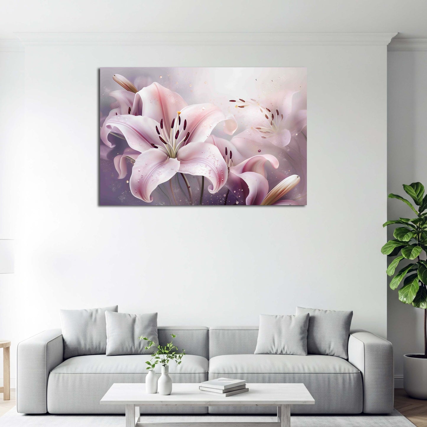 Zarte Lilie in Pastell Elegante Blume mit Wassertropfen Wandbild