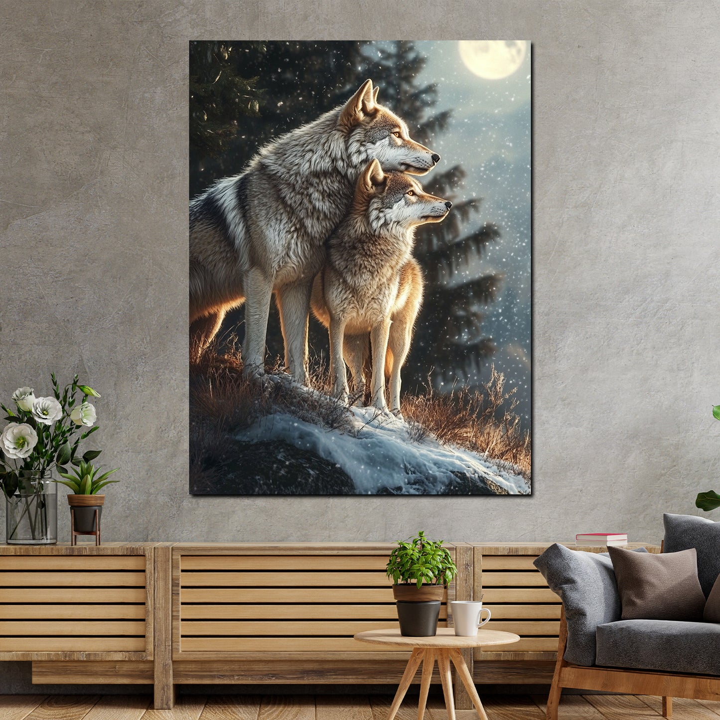 Zwei Wölfe im Schnee Waldromantik Wandbild
