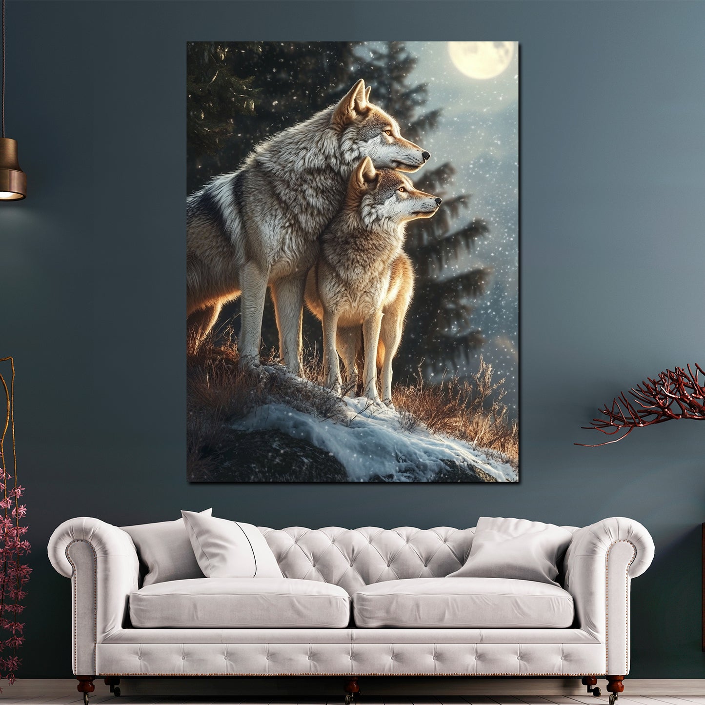 Zwei Wölfe im Schnee Waldromantik Wandbild