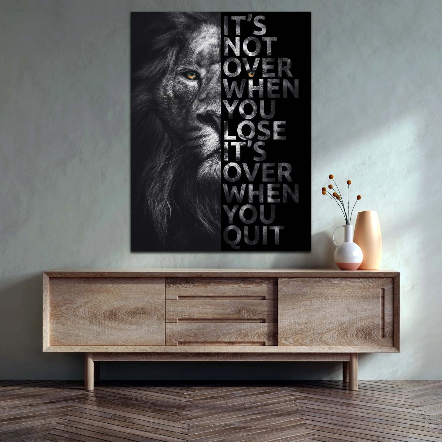 Löwe It Is Not Over When You Lose, schwarz weiß, Motivation Wandbild Kunstwerk